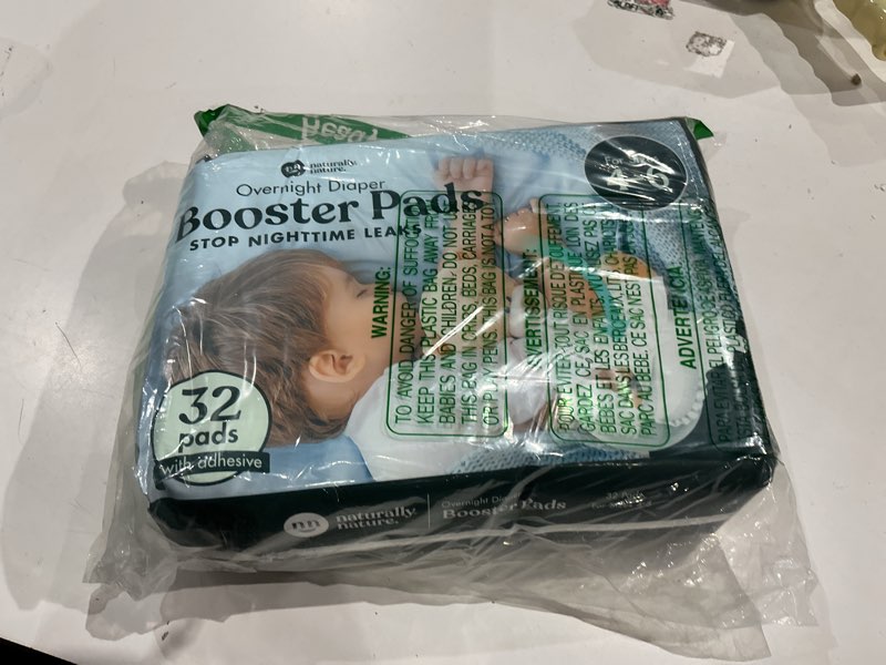 Condition photo showing Good Condition for naturally nature overnight diaper booster pads, stops overnight leaking, diaper liners for toddler, nighttime diapers size 5, adhesive pad for girls, boys, 32 ct.