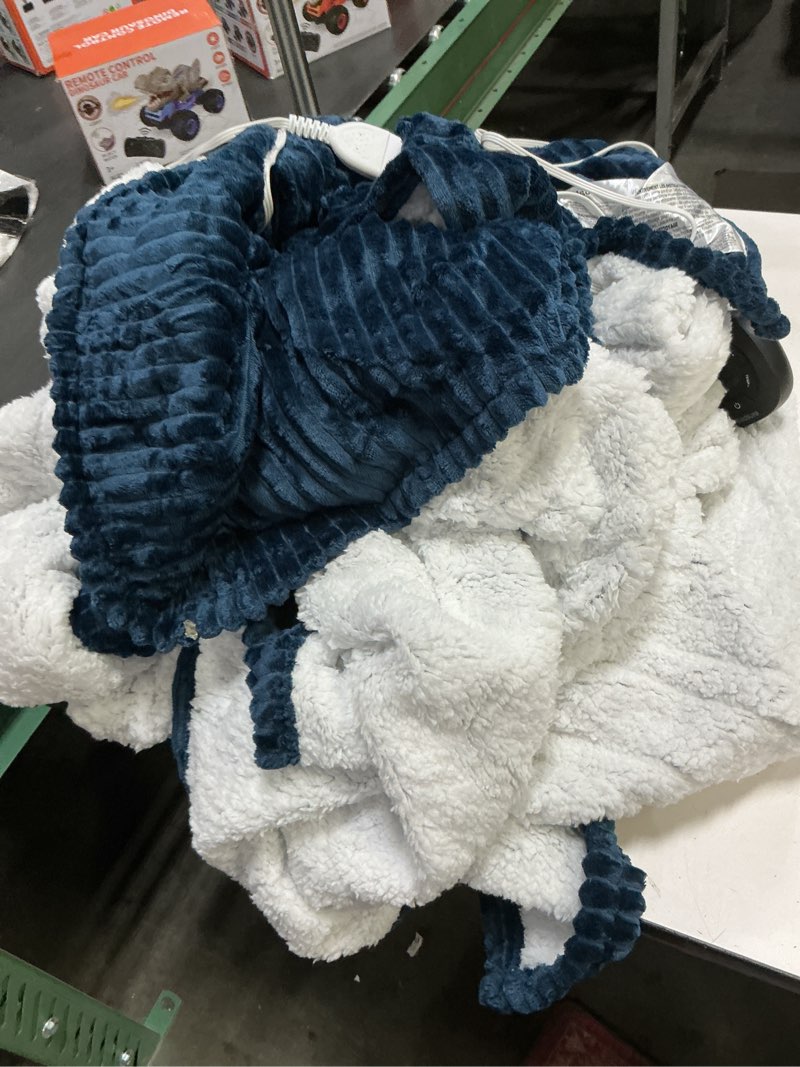 Condition photo showing As Is for Bedsure GentleSoft Heated Blanket Electric Throw - Soft Ribbed Flannel Electric Blanket, Heating with 4 Time Settings, 6 Heat Settings, and 3 hrs Timer Auto Shut Off, Gifts for Grandma (50"x60", Navy) 04 - Navy Throw