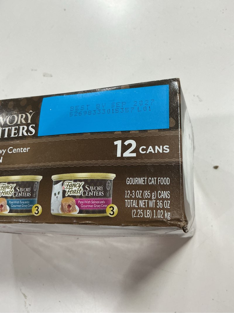 Condition photo showing New/Like New for bbd: 09/2027- purina fancy feast pate wet cat food variety pack, savory centers pate with a gravy center - (1 packs of 12) 3 oz. pull-top cans