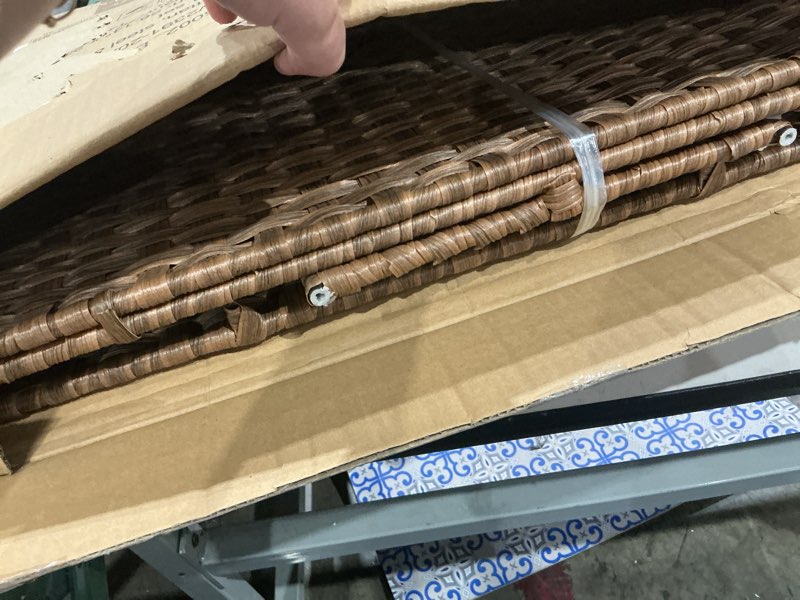 Condition photo showing As Is for hychika laundry hamper with lid and wheels, 42.26 gallon (160 l) wicker laundry basket with removable bags and handles, 2 sections woven clothes basket for bedroom, bathroom (27.6" * 13.4" * 26.4") brown 160 l