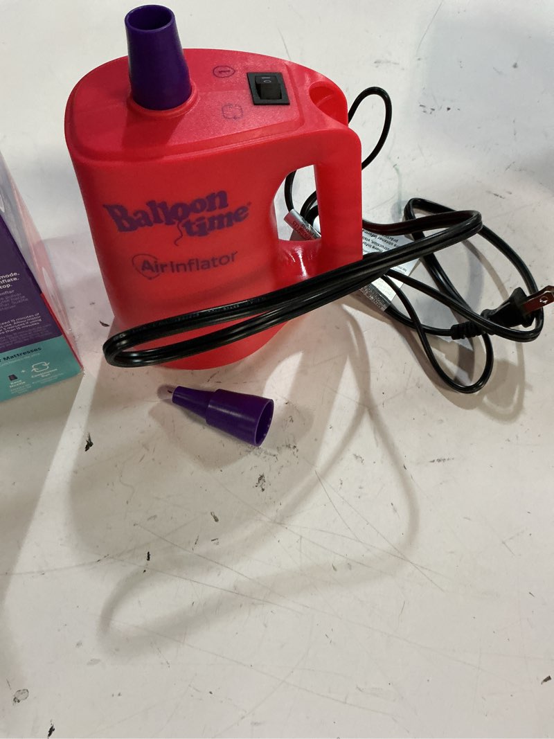 Condition photo showing As Is for balloon time electric air inflator for balloons, party decor, pool floats & air mattresses, dual nozzle portable pump