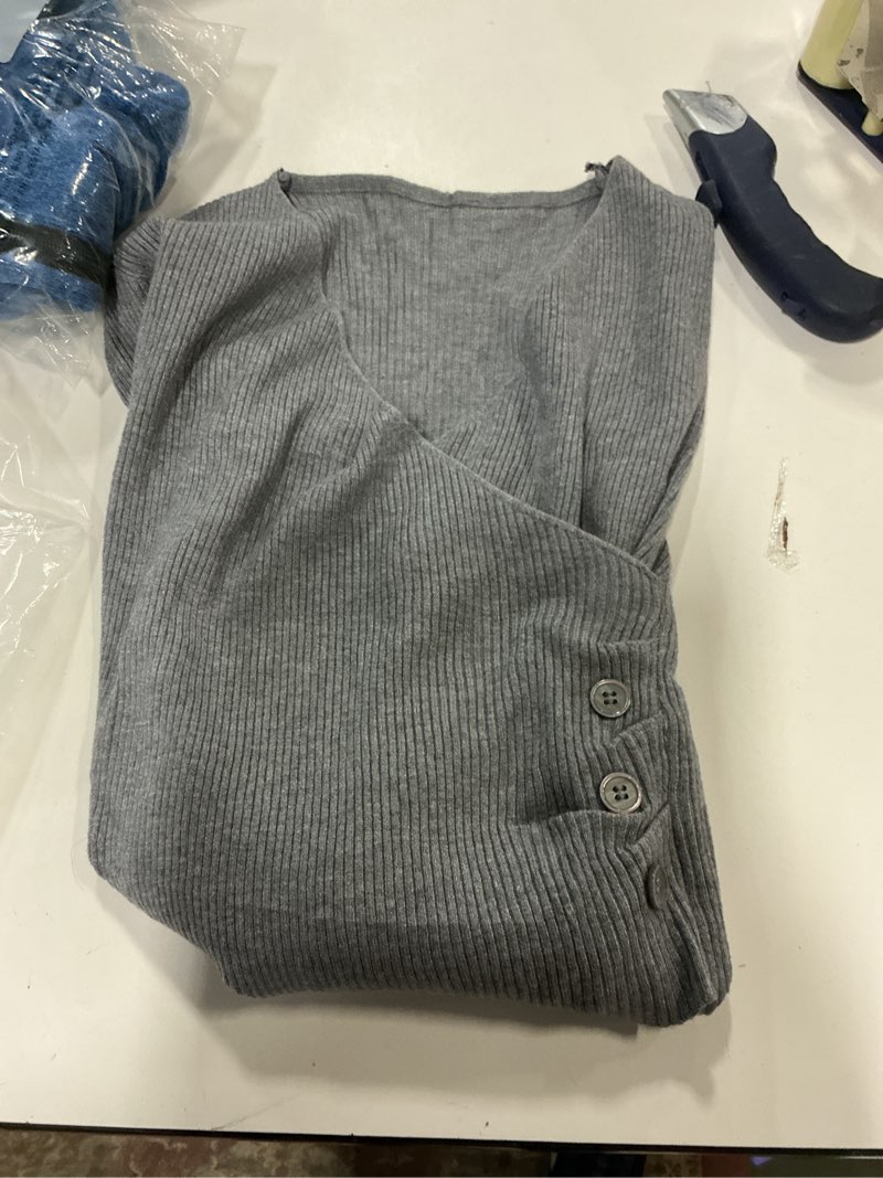 Condition photo showing New/Like New for Allegra K Women's V Neck Sweater Fitted Ruched Waist Cute Fall Criss Cross Knitted Wrap Tops Medium Gray