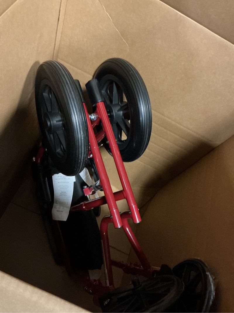 Condition photo showing Good Condition for medline lightweight foldable transport wheelchair with handbrakes and 12-inch wheels, red frame, black upholstery red wheelchair