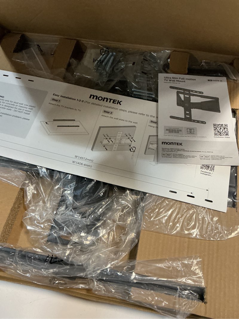 Condition photo showing New/Like New for monTEK 0.77" Ultra Slim TV Wall Mount for 37-75 Inch TVs, Thin Low Profile Full Motion TV Wall Mount with Articulating Dual Arms, 4X Weight Tested, Max VESA 400x400mm, Fits 16/18" Studs
