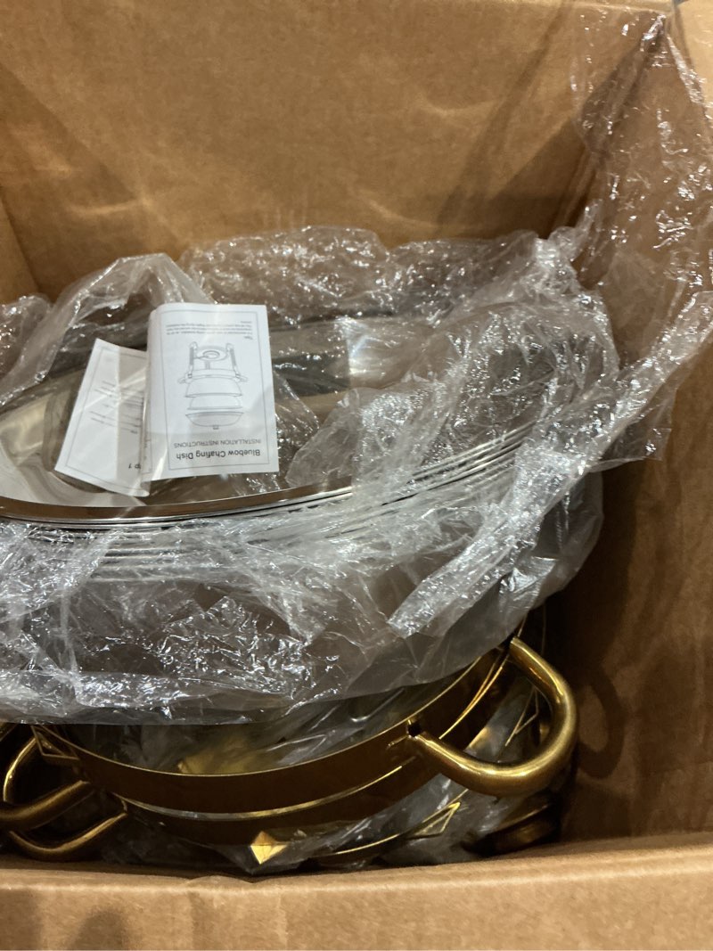 Condition photo showing Good Condition for chafing dishes for buffet, 4 pack 5qt round stainless steel chafing dish set for home parties, christmas gatherings, catering events complete buffet warmer set (golden 4)