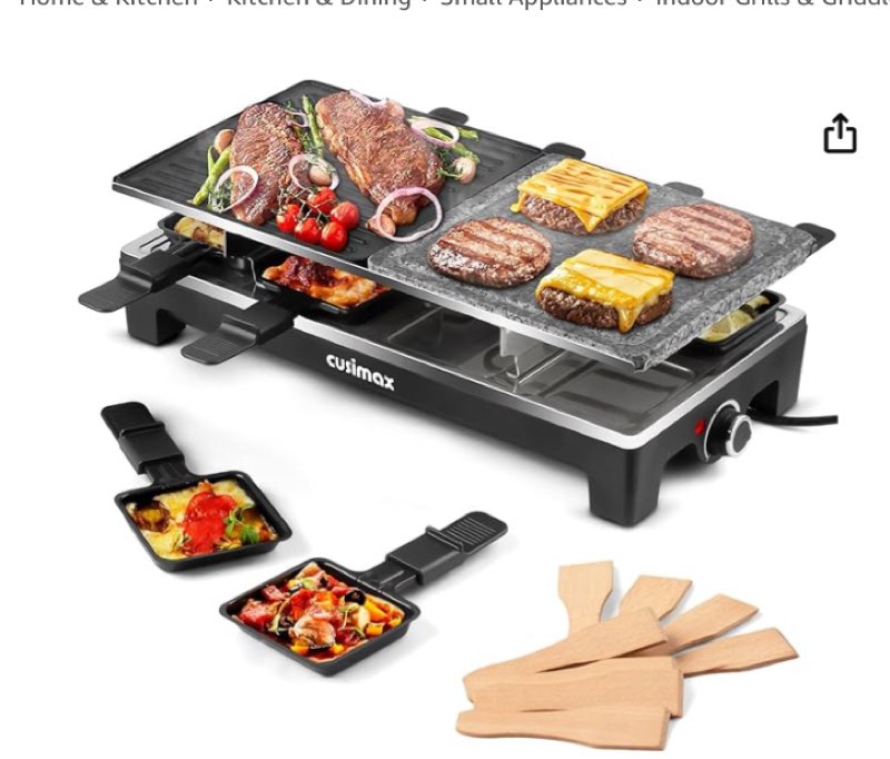 CUSIMAX Raclette Grill, Electric Grill, Portable Indoor Grill with 2 in 1 Reversible Non-stick Plate & Natural Grill Stone, 1500W Korean BBQ Grill, 8 Pans & Wooden Spatulas