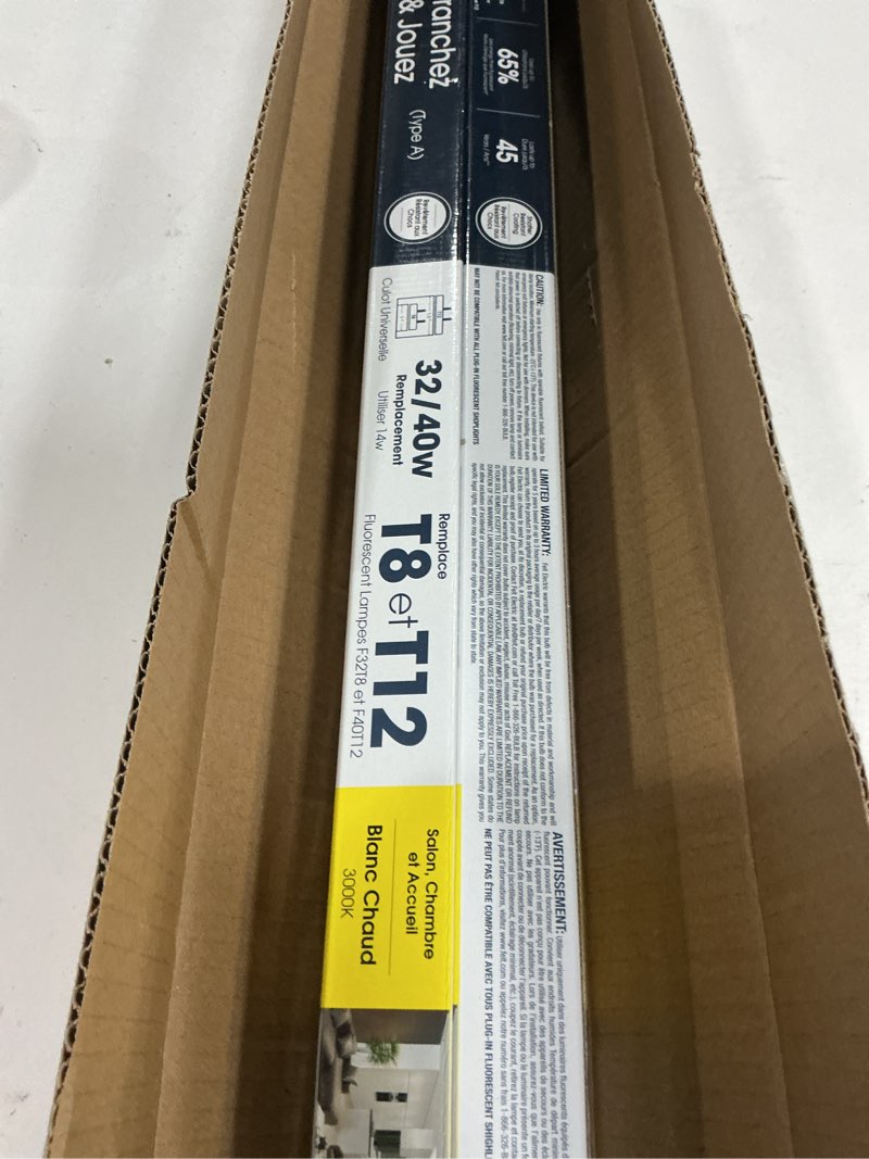 Condition photo showing New/Like New for feit electric 4ft t8 led bulbs, 32/40 watt replacement, type a tube light, plug & play, t8/t12 led fluorescent light, 3000k warm white, 50,000-hr lifetime, ballast compatible, t48/830/ledg2/4, 4 pack 3000k (warm white) g13 base