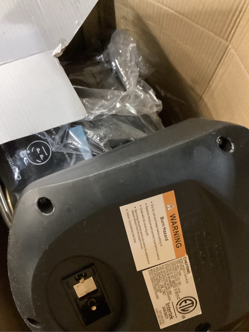 Condition photo showing As Is for chefman 4.5 liter deep fryer w/basket strainer, xl jumbo size, adjustable temperature & timer, perfect for fried chicken, shrimp, french fries, chips & more, removable oil-container, stainless steel large