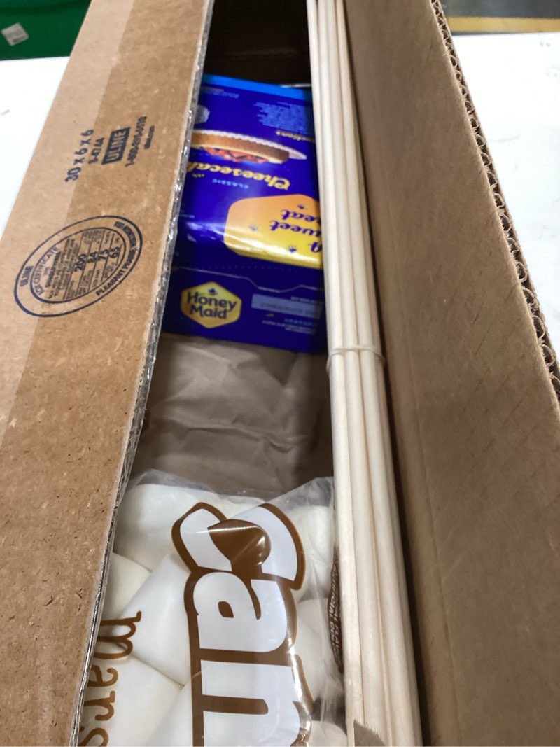 Condition photo showing As Is for 112-piece s’mores kit – makes 24 s’mores – includes 30” birch roasting sticks, graham crackers, chocolate & marshmallows – great for camping, bonfires, parties s'mores kit