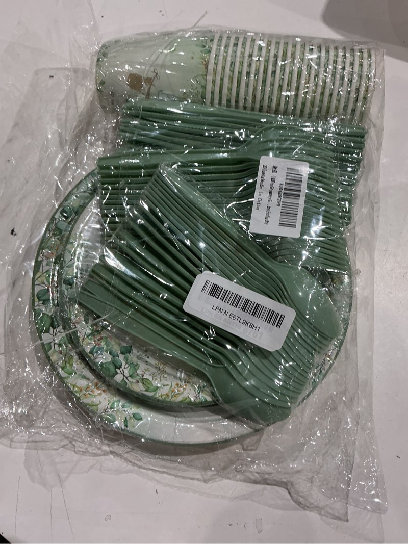 Condition photo showing Good Condition for incomplete  140pcs greenery baby boy shower decorations tableware set, boho greency party decorations tableware set dessert plates napkins forks for 20 guests