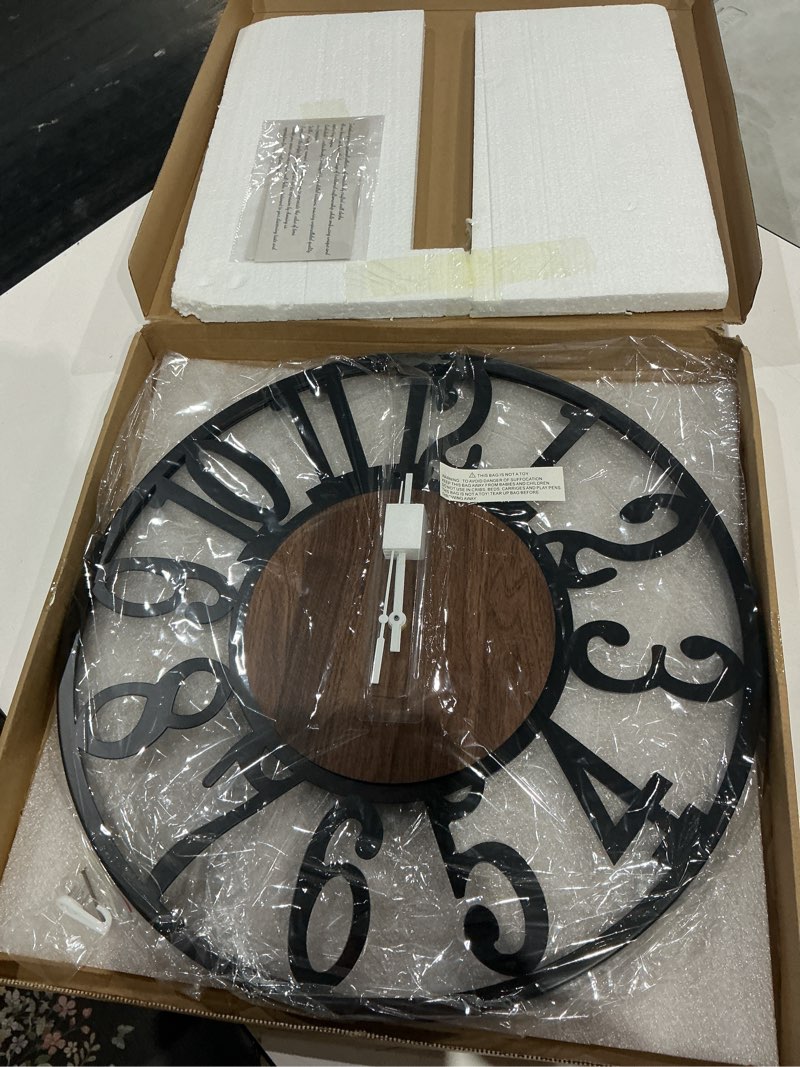 Condition photo showing Good Condition for leike large wall clocks,silent,non ticking,battery operated big retro round modern wood wall clock for living room, bedroom,dinning room,farmhouse,office,home decor-20 inch(black-arabic number) 20 in black wood-arabic number