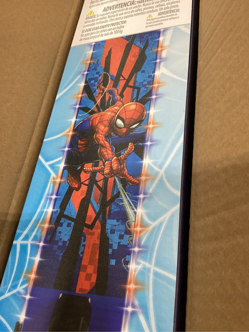 Condition photo showing New/Like New for Huffy Disney and Marvel Light Up Kids' Inline Scooters, Multiple Color Options, LED Lights, Ages 5+ Years Old, Adjustable Handlebar, Durable Steel Frame, Foldable, Girls/Boys, 2-Wheels Blue Spider-Man