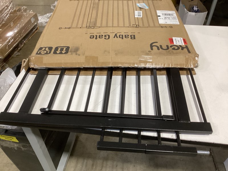 Condition photo showing As Is for keny 29"-42.5" baby gate for stairs, auto close safety dog gate, pressure mounted easy walk through pet gate for doorways, durable stair gate, 30" tall, black black 29-42.5"wide, 30"tall
