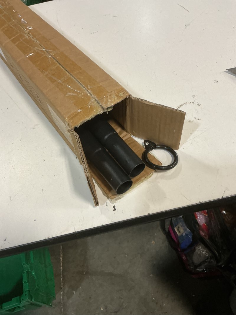 Condition photo showing As Is for tension curtain rod 51-168in (4.25-14ft), extra long outdoor curtain rod no drilling for window patio, adjustable heavy duty curtain rod room divider,tension rod diameter 1.26" never rust,black 51-168 inches black