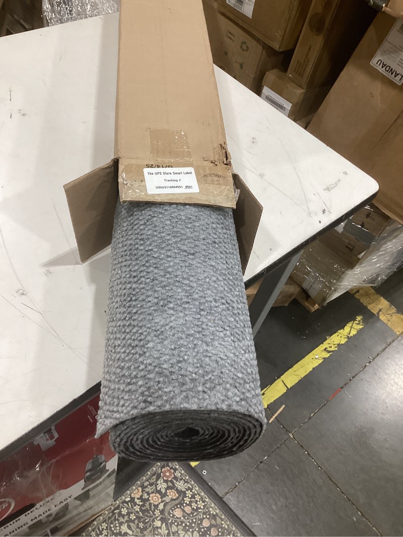 Condition photo showing As Is for icustomrug entryway mat, 3 x 12ft, grey, indoor/outdoor, waterproof tpr backing, low-profile all-weather utility carpet 3' x 12' grey