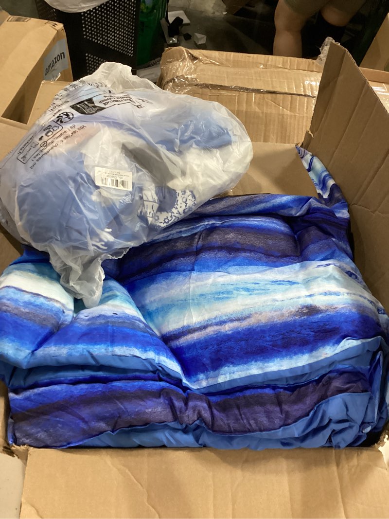 Condition photo showing As Is for holawakaka beach stripe bedding sets 6 pieces, blue coastal striped comforter set queen size all season geometric bed set, nautical bed in a bag with comforter, sheets and shams blue queen