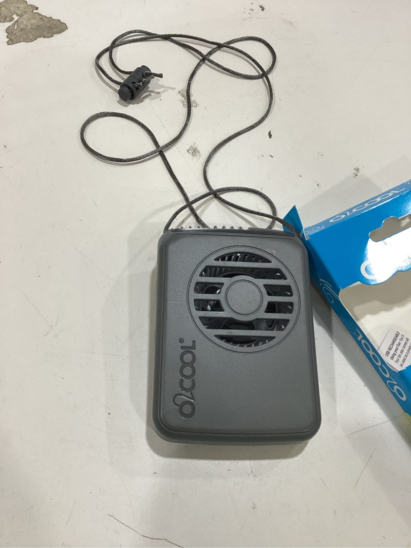 Condition photo showing As Is for o2cool portable neck personal travel usb battery powered adjustable lanyard cooling fan gray