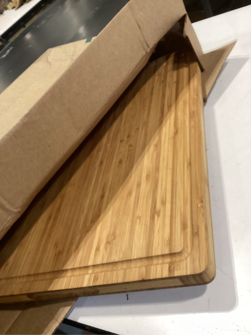 Condition photo showing Good Condition for xl cutting board for kitchen, 20x15" extra large, 1" thick bamboo wood butcher chopping block, cheese board, durable reversible with juice grooves and handles