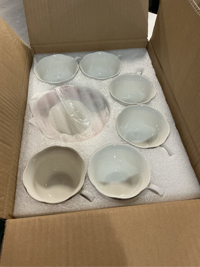 Condition photo showing New/Like New for floral porcelain tea cup set of 6 (12-piece), 6 cups & 6 saucers with rose pattern, 6oz scalloped edge coffee cups, dishwasher & microwave safe, elegant gift pink