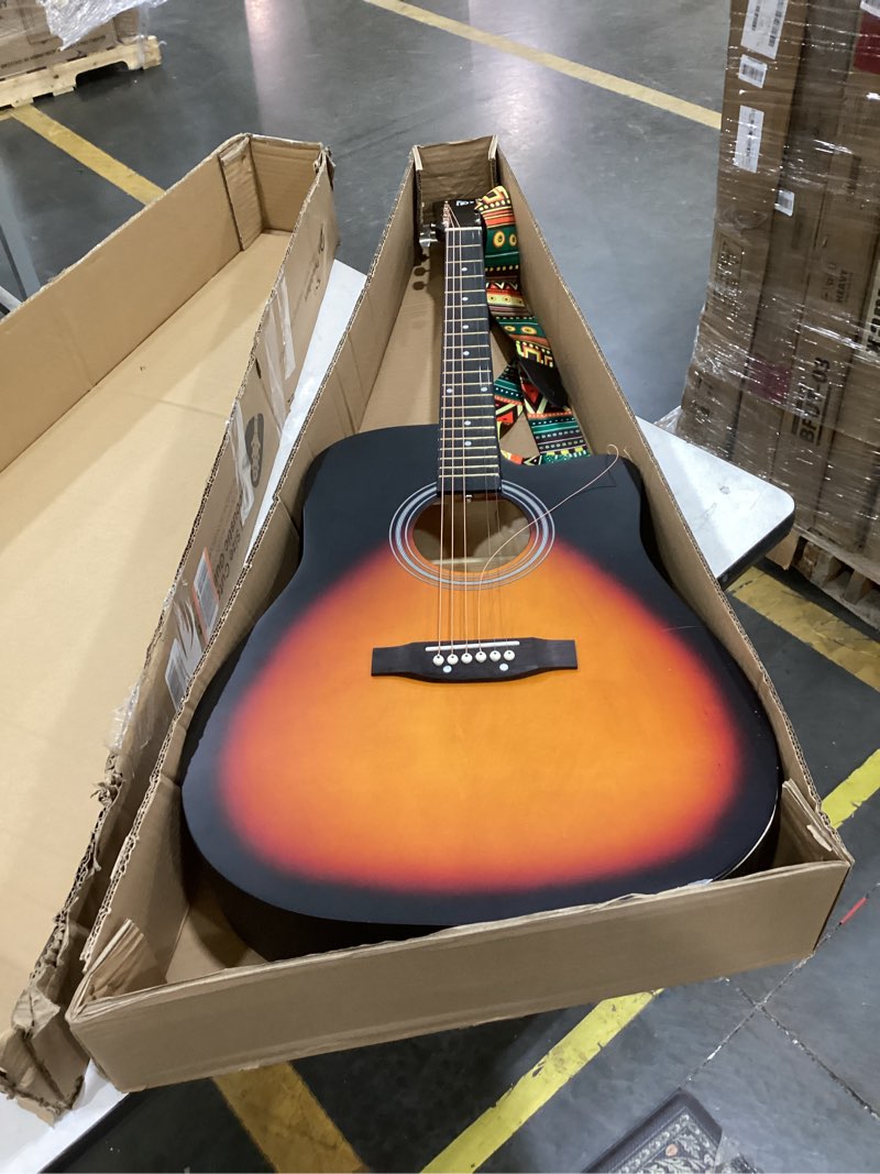 Condition photo showing As Is for pyle steel string acoustic guitar kit, 4/4 full size cutaway all-wood guitarra acustica with premium accessory set and upgraded gig bag, 41" sunburst teardrop matte sunburst teardrop matte 41"