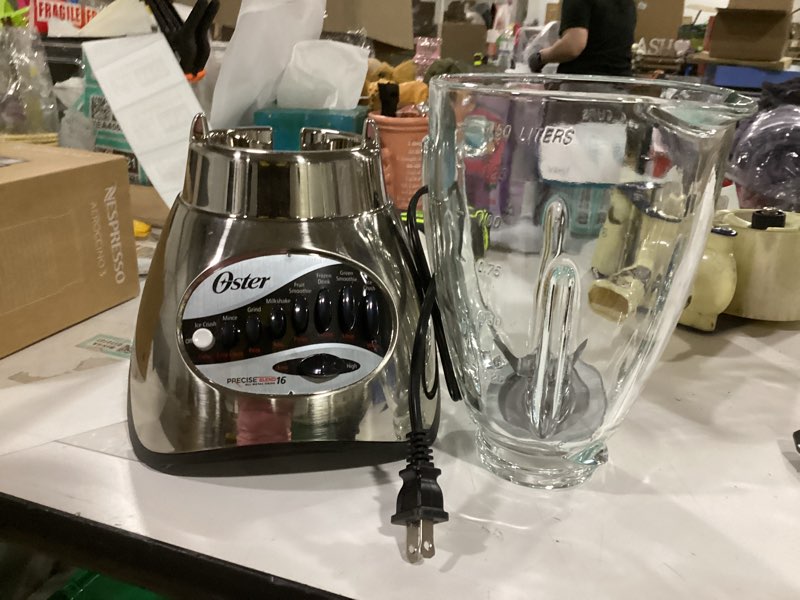 Condition photo showing As Is for **as is****incomplete**oster classic series 16-speed blender with food chopper & 6-cup glass jar, countertop kitchen blender, brushed nickel