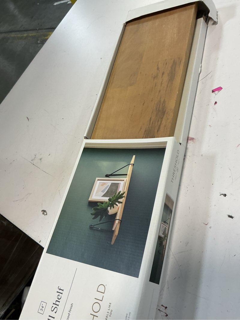 Condition photo showing Good Condition for 24" x 6" wood wall shelf with hanging wire matte black - threshold™: bracket design, no assembly, includes mounting hardware
