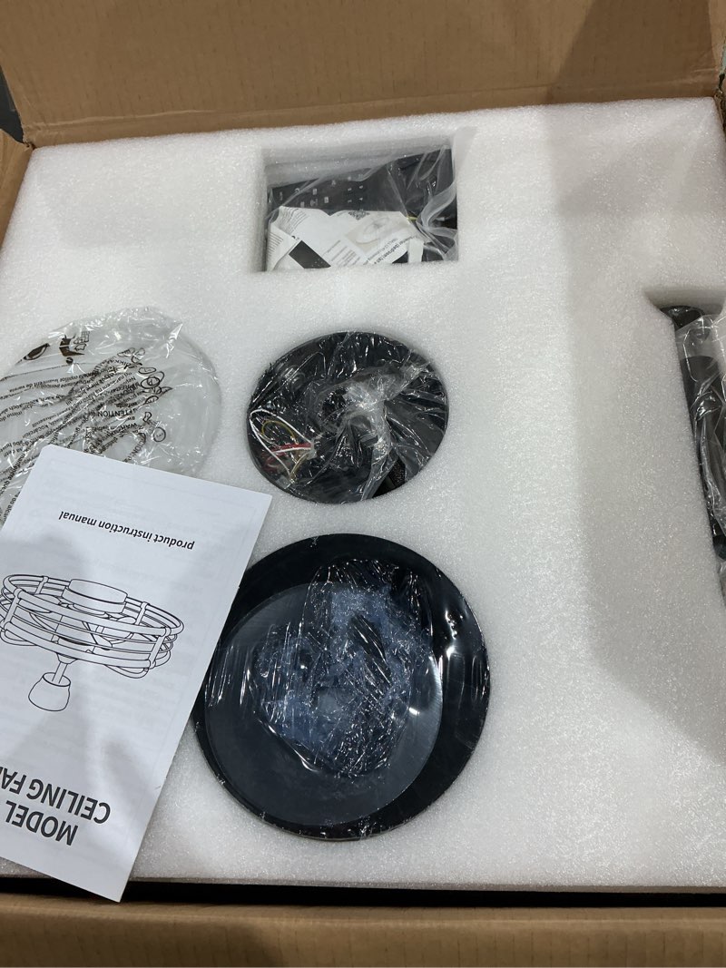 Condition photo showing Good Condition for asyko caged ceiling fan with light - bladeless black ceiling fans with remote, reversible and dimmable, low profile flush mount ceiling fan with 6-speed, enclosed led fan light for bedroom…