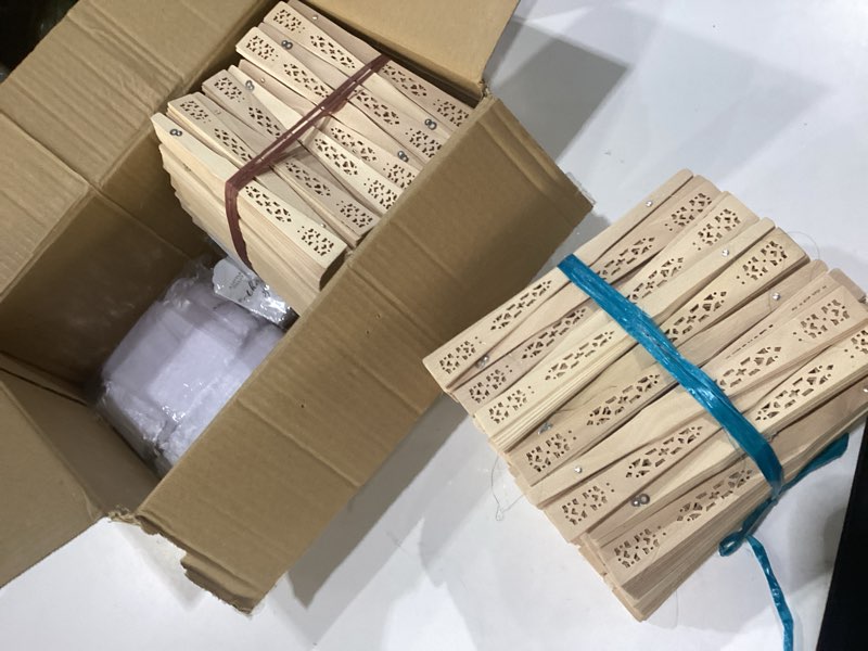 Condition photo showing New/Like New for 110 sets sandalwood fans bulk wedding favors, reliable solid wooden handheld foldable fans with tassels, organza bags & diy custom tags for outdoor bridal shower birthday party gifts