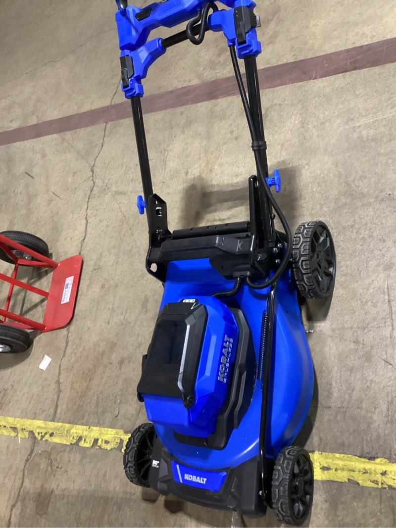 Condition photo showing As Is for incomplete no battery or charger kobalt 40-volt 21-in brushless battery push lawn mower 6 ah (battery and charger included)