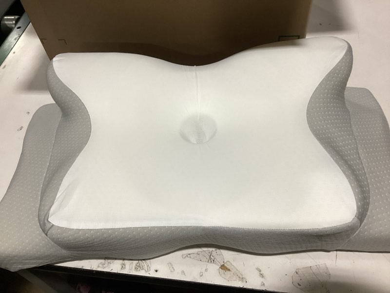 Condition photo showing As Is for dumos cervical neck pillow, cooling ergonomic memory foam pillows for neck pain relief with breathable pillowcase, dual height orthopedic support contour pillow for side, back, stomach sleepers, grey light grey king size(25.98"l x 15.35"w)