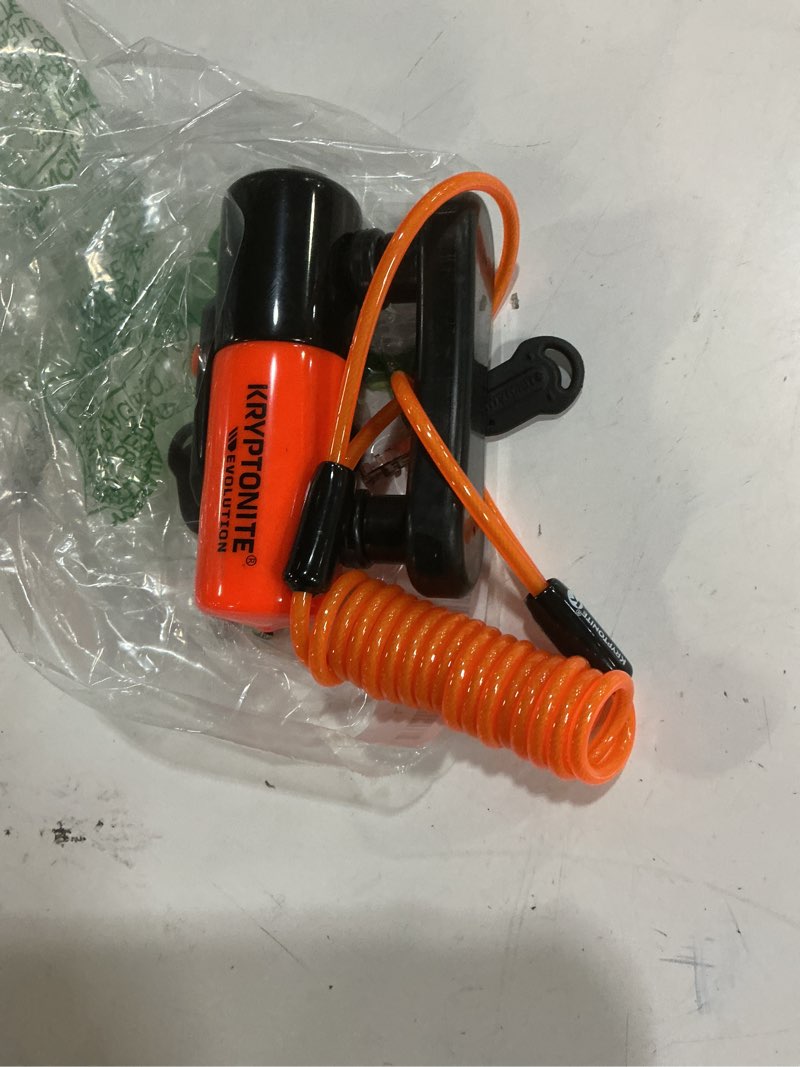 Condition photo showing As Is for kryptonite evolution compact disc lock, 13mm hardened max-performance steel shackle, sold secure gold and art 4-star, high-security anti-theft orange bike lock, includes 3 stainless steel keys