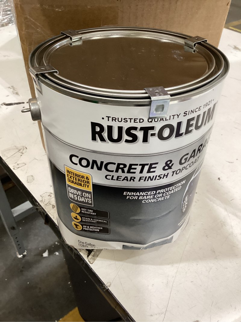 Condition photo showing As Is for rust-oleum concrete & garage textured satin clear topcoat | protective clear coat, hot tire resistant, interior garage floors, chemical and stain resistance, gallon 128 fl oz (pack of 1) clear textured satin