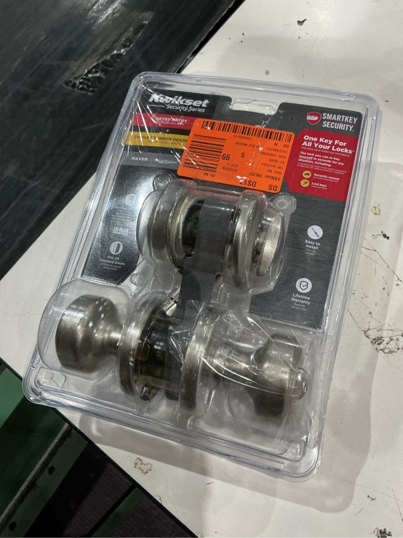 Condition photo showing As Is for maven keyed entry knob and single cylinder deadbolt combo pack featuring smartkey security in satin nickel