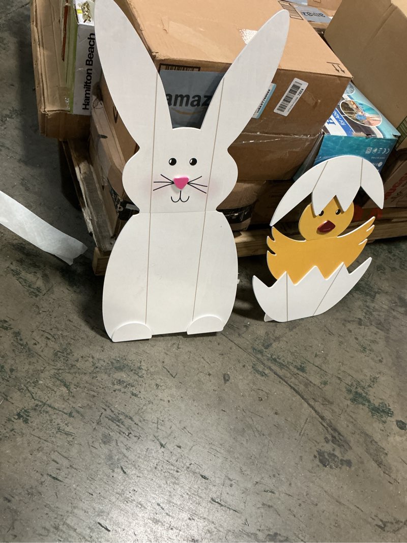 Condition photo showing As Is for Glitzhome Easter Yard Signs Decorations Outdoor 30\" H Wooden Easter Bunny Cart Yard Stakes Hanging Wall Decors Standing Decorations (Similar to the stock photo) 