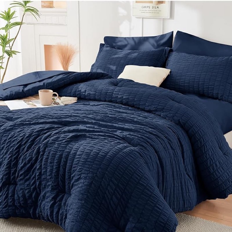 hymokege navy blue oversized king comforter set seersucker 7 pieces, all season luxury bed in a bag 