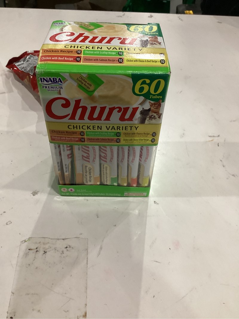 Condition photo showing New/Like New for INABA Churu Cat Treats, Grain-Free, Lickable, Squeezable Creamy Purée Cat Treat/Topper, 60 Servings, Chicken Variety Box Chicken Variety 0.5 Ounce (Pack of 60)