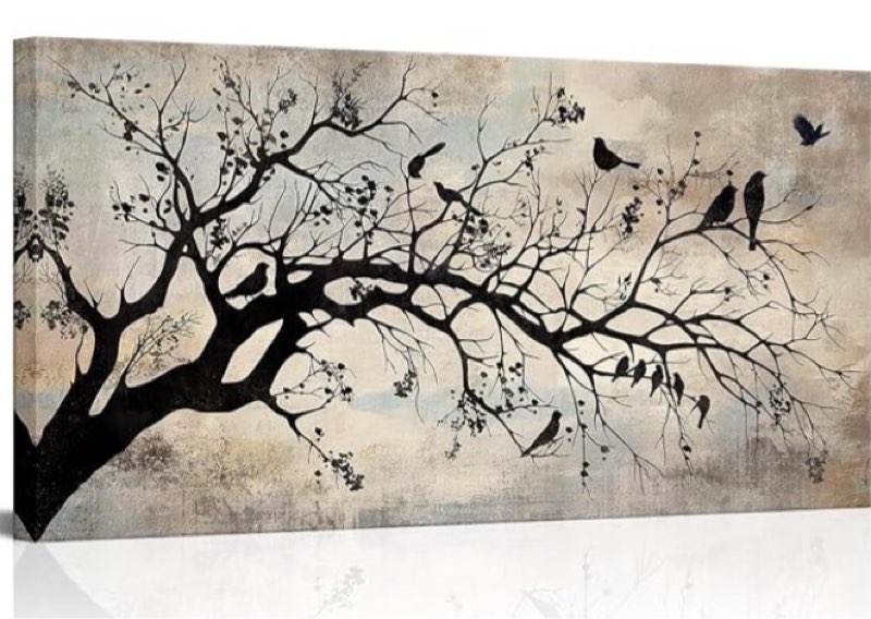 sechars birds on tree branch canvas wall art vintage brown farmhouse wall decor rustic country style artwork for kitchen living room (medium