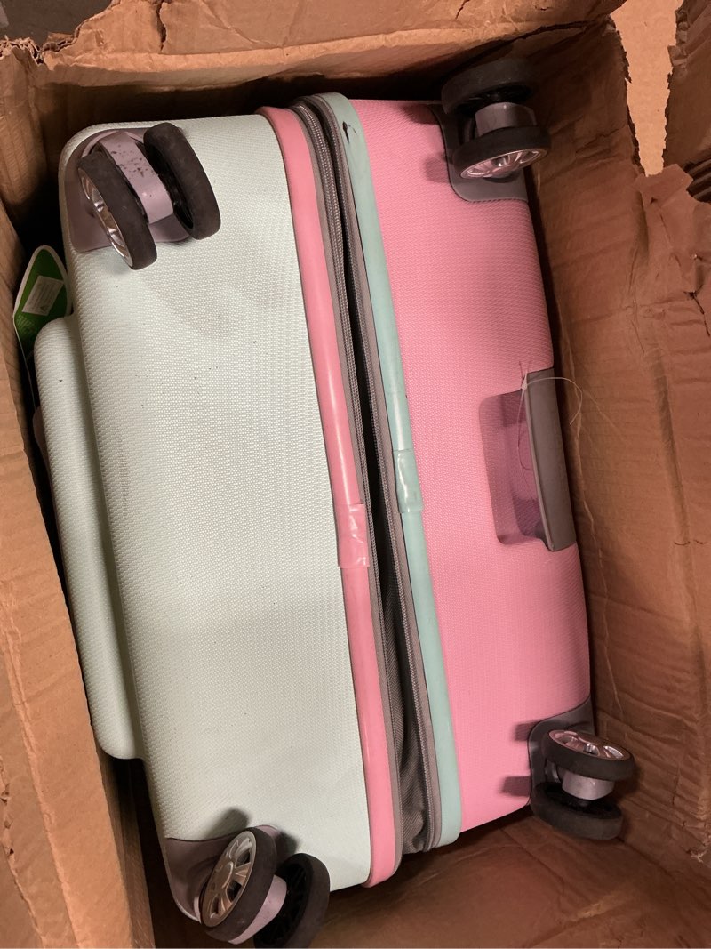 Condition photo showing As Is for rockland melbourne hardside 2 piece expandable spinner wheel luggage set, (20"/28"), mint mint 2 piece (20"/28")