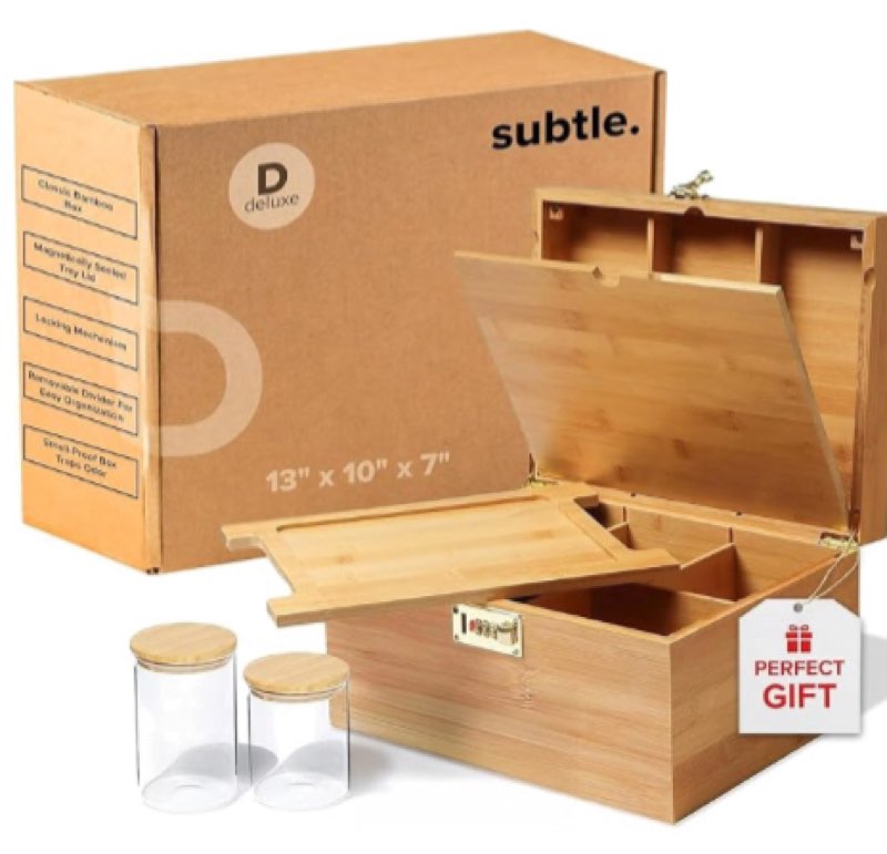 Subtle Deluxe Extra Large Bamboo Storage Box with Lockable Magnetic Lid - Includes 2 Glass Jars, Grinder, and Tray Insert - Discrete & Smell-Resistant - (13" x 10" x 7")