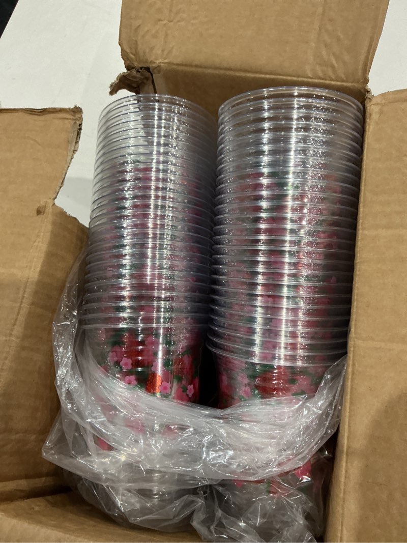 Condition photo showing Good Condition for 100 pcs strawberry plastic cups, 12 oz disposable cups pink clear strawberry party drinking cups for summer party birthday baby shower supplies