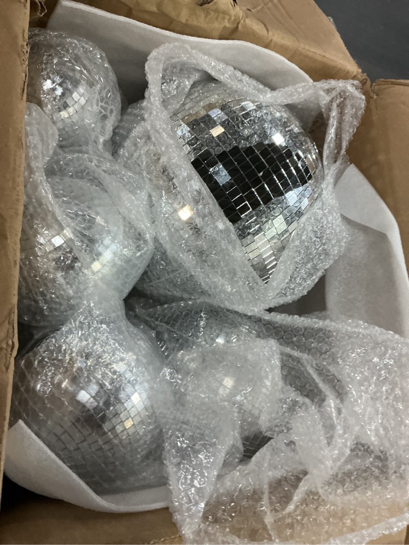 Condition photo showing Good Condition for Haull 8 Pcs Large Disco Ball Set Silver Mirror Disco Reflective Ball with Hanging Ring Party Ornament Decoration for Stage Club Ballroom Dance Hall Wedding Prom Props(8'', 6'', 4'')