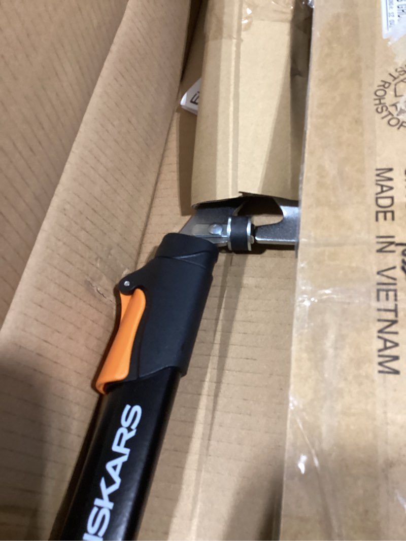 Condition photo showing New/Like New for fiskars power-lever hedge shears - 25"-33" extendable handle - plant cutting scissors - yard and garden tools - orange/black extendable power-lever with 10" blades