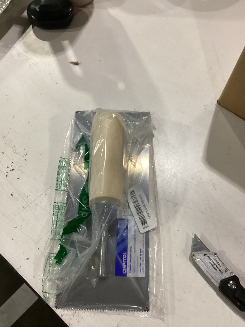 Condition photo showing Good Condition for capitol 115110 professional flooring adhesive trowel-1/16” x 1/16” x 1/16” square-notch, silver/light wood 1/8” x 1/8" x 1/16" flat-top v-notch
