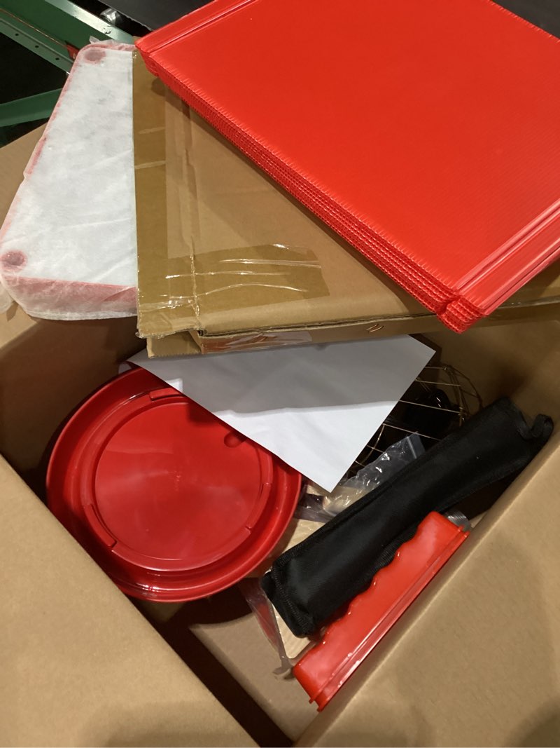 Condition photo showing As Is for 9 pack winter chicken brooder box starter with heating plate and 75w heat lamp, 0.8 gallon heated chicken waterer fountain with perch set, 2.9 lbs flip top poultry feeder for coop chick