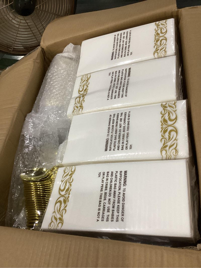 Condition photo showing New/Like New for goodluck 700 pieces gold dinnerware set for 100 guests, disposable for party, include: 100 gold rim dinner plates, 100 dessert plates, 100 paper napkins, 100 cups, 100 plastic silverware set gold 100 guests