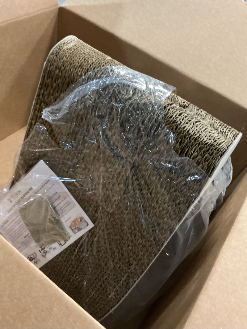 Condition photo showing As Is for petfusion 3-sided vertical scratch play & perch cat scratching post, 18" x 10.5" x 15.9", multiple angle cat scratching pad; 6 usable sides, 100% recyclable cardboard lounge slate grey standard vertical cat scratcher