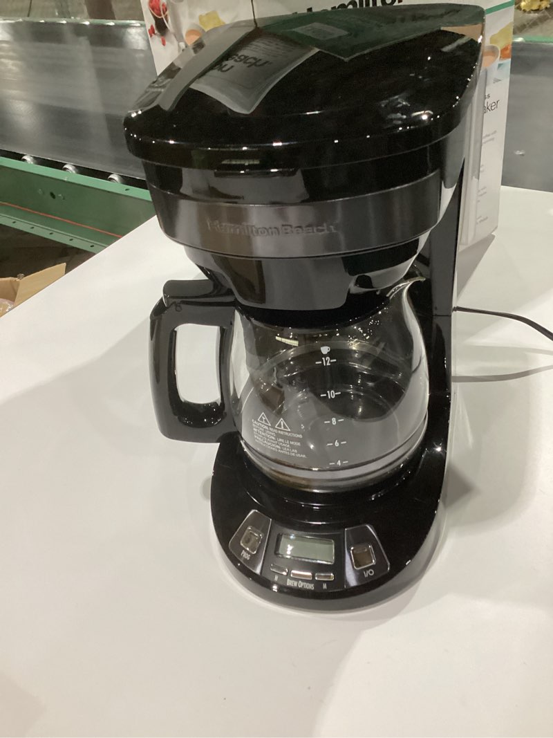 Condition photo showing As Is for Hamilton Beach 12 Cup Programmable Drip Coffee Maker with 3 Brew Options, Glass Carafe, Auto Pause and Pour, Black Stainless (46293), NOT TESTED, AS IS