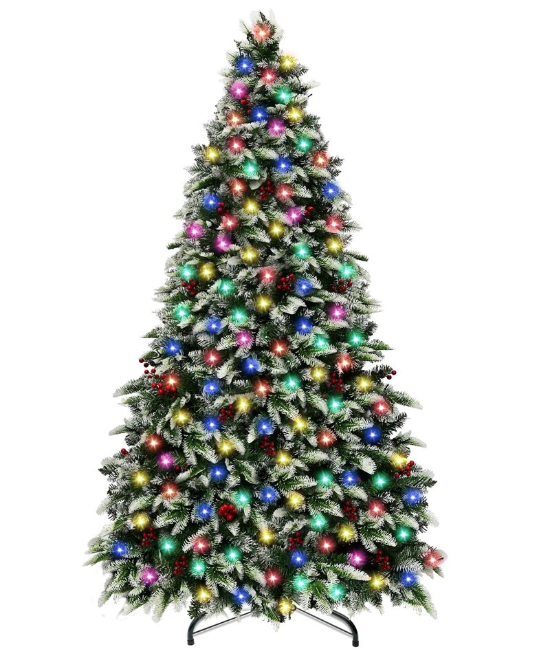 7 Ft Prelit Artificial Christmas Tree with 300 Color Changing LED Lights, 8 Modes Snow Flocked Thick