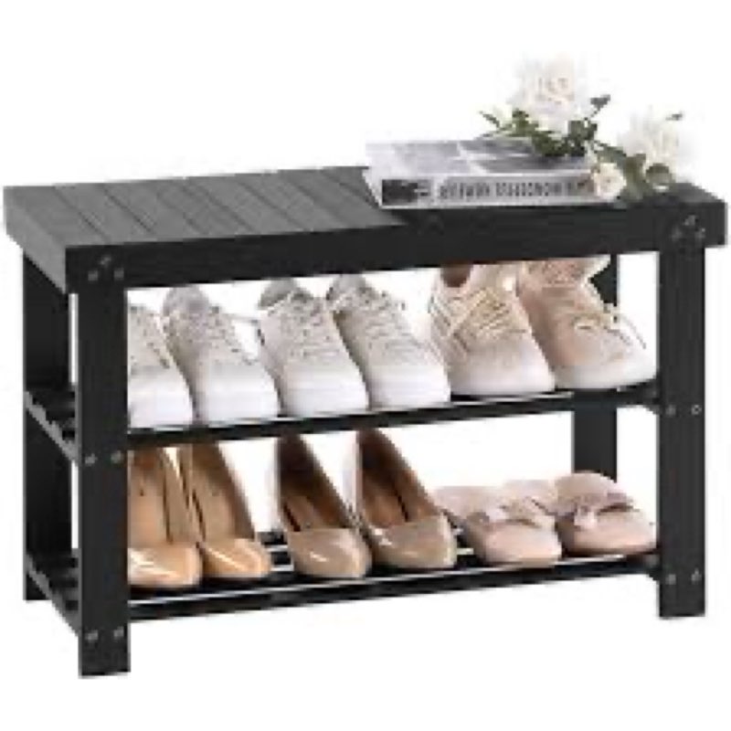 apicizon bamboo shoe rack for entryway, 3-tier shoe rack bench for front door entrance, small shoe organizer with storage, black