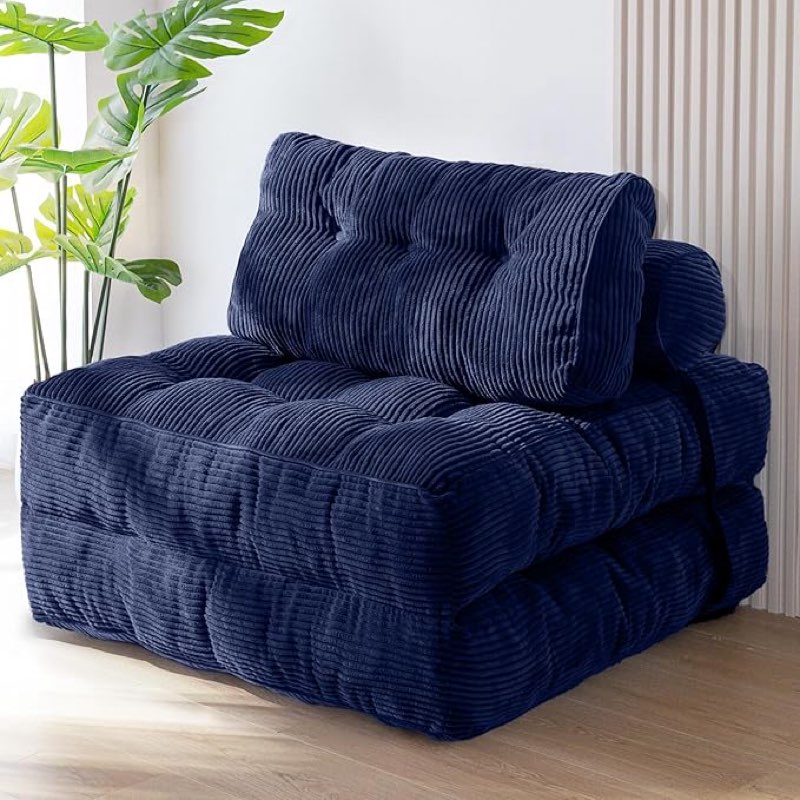 maxyoyo folding sofa bed, l-shaped convertible sofa foldable sleeper couch with pillow, portable fold out chair bed with armrest comfy floor lounge for living room bedroom, blue single